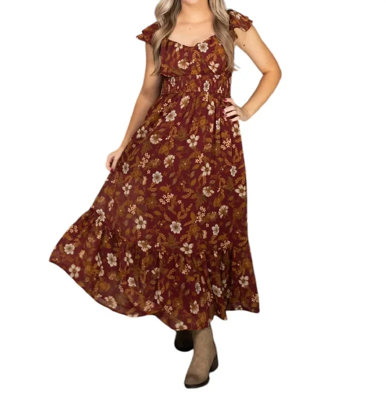 Women's Active Garments For Workouts Discounts on Casual Weekend Styles Floral Ruffle Short Sleeve Back Tie Midi Dress In Burgundy