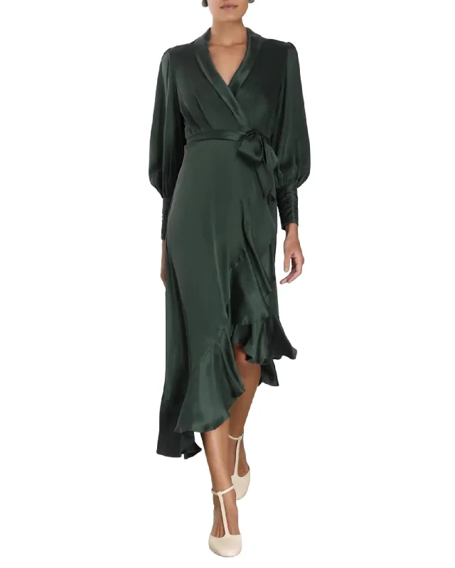 Tailored Clothing For Women Art Deco Geometric Pattern Look Wrap Midi Dress In Dark Green