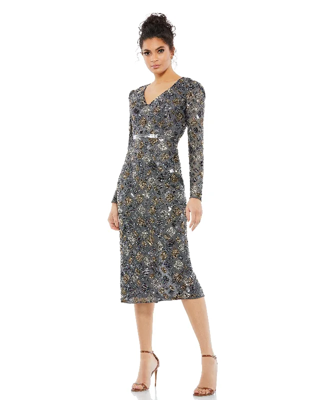 Women's Cozy Outfit For Lounging Urban Sophistication Long Sleeve Geometric Sequin Midi Dress