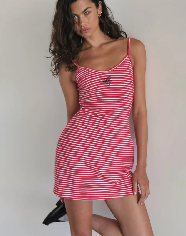 Women's Transitional Apparel Refined Simplicity Anzhelina Strappy Mini Dress in Red and White Stripe with Strawberry Emb