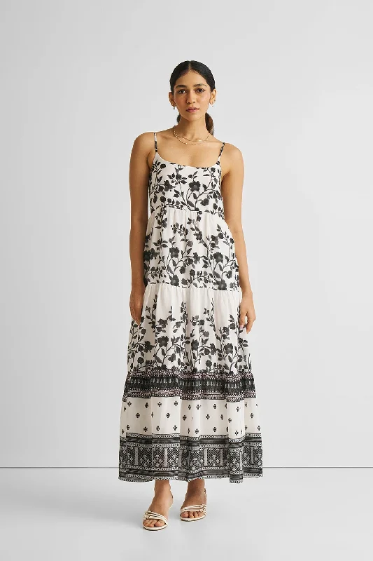 Women's Floral Print Outfit Beat the Heat in Tropical Styles Strappy Tiered Maxi Dress in Florals