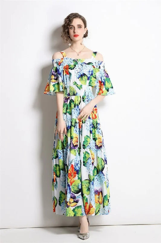 Women's Evening Attire Flowy Fabric Light blue & Green floral print Day A-line Strap Off The Shoulder Tea Dress