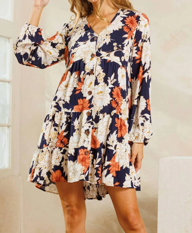 Women's Date Night Outfit Buy More, Save More Floral V-Neck Tiered Mini Dress In Navy