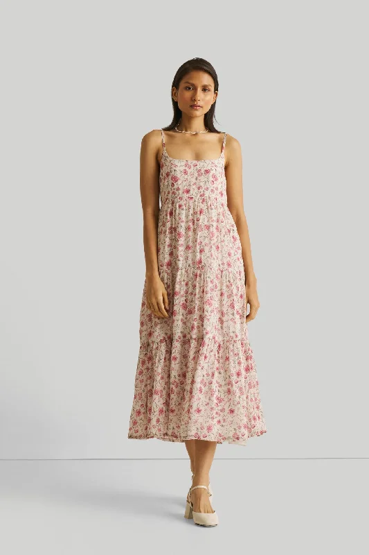 Women's Elegant Evening Attire Ethnic Cultural Event Wear Strappy Tiered Maxi Dress in Pink Florals