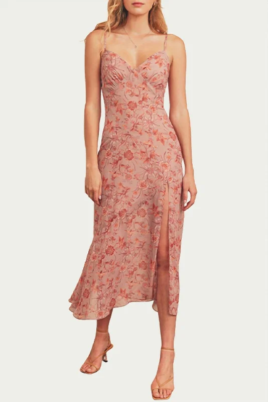 Women's Vacation Outfit Boho - Chic Festival - Ready Style Floral-Print Tie-Detailed Midi Slip Dress In Mauve/multi