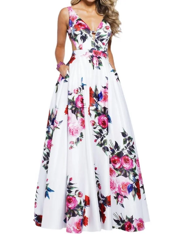 Vintage-Inspired Women's Apparel Modern Romance Floral V-Neck A-Line Evening Gown In White Multi