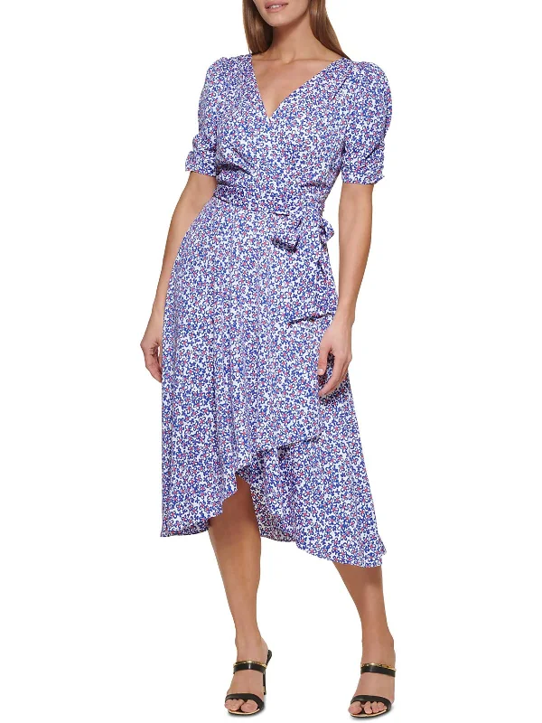 Stylish Women's Attire Feminine Charm Petites Womens Floral Print Knee-Length Wrap Dress