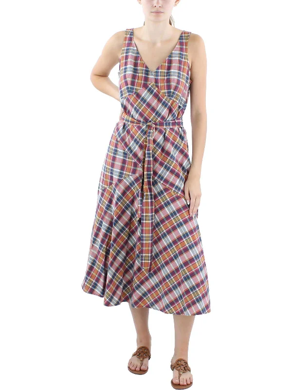 Women's Sporty Chic Clothes Elegant Details Madras Womens Plaid Cotton Midi Dress