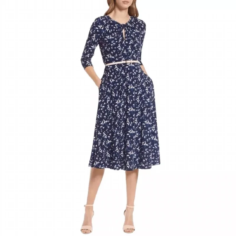 Women's Athletic Apparel Great Prices on Feminine Styles Belted Keyhole Floral Midi Dress In Navy