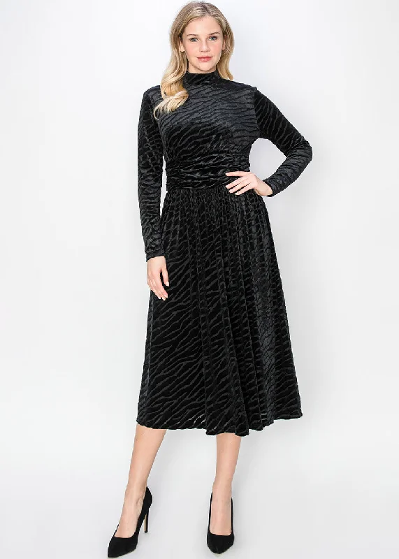 Women's High-Fashion Outfit Feminine Charm Black Velvet Midi Dress