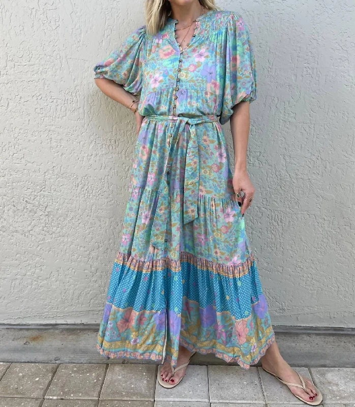 Women's Sporty Clothes Boho - Chic Festival - Ready Style Hibiscus Lane Button Through Maxi Gown In Blue Floral