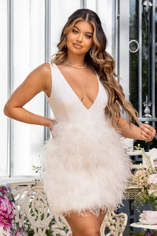 Women's Formal Apparel Limited - Edition Drops Flirt | White Plunge Front Mini Dress With Feather Skirt