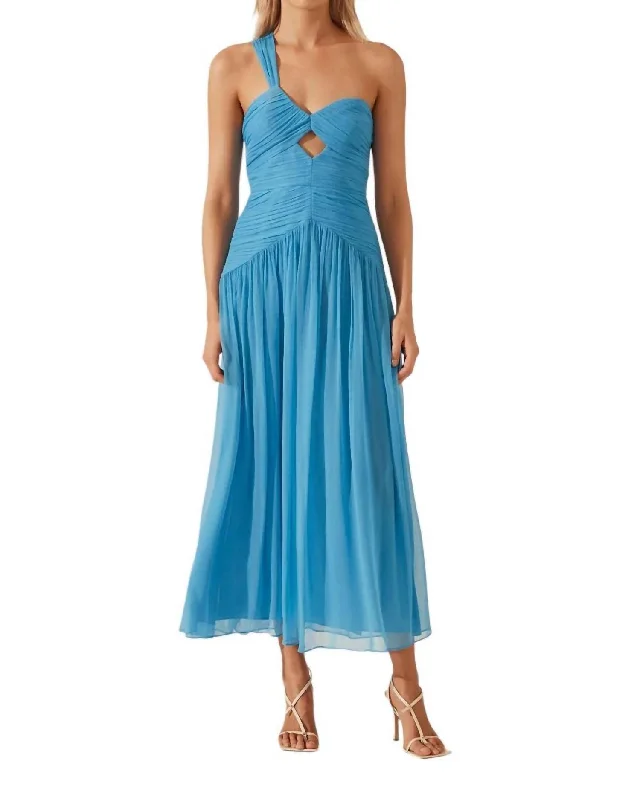 Women's Stylish Outdoor Outfit Charming Silhouette Margot One Shoulder Midi Dress In Aqua