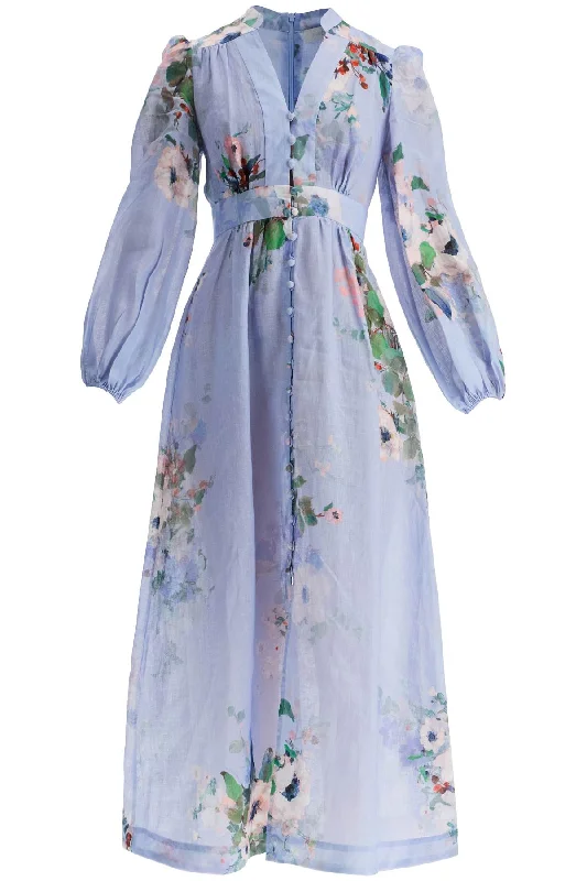 Stylish Women's Apparel Update with Cottagecore Styles Zimmermann Women's blue Watercolor Floral Midi Dress With Deep V Neckline