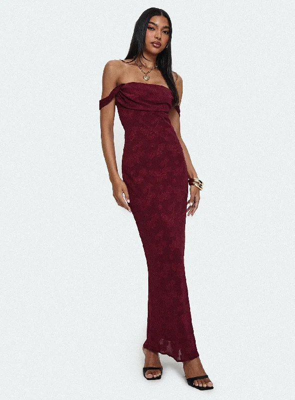 Chic Women's Garments Flowy Fabric Azura Off The Shoulder Maxi Dress Burgundy