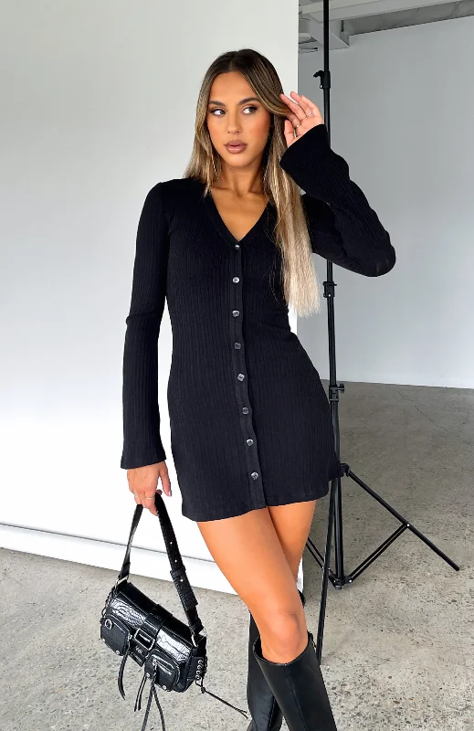 Casual Attire For Women Feminine Soft - Hued Styles Live In The Moment Long Sleeve Mini Dress Black