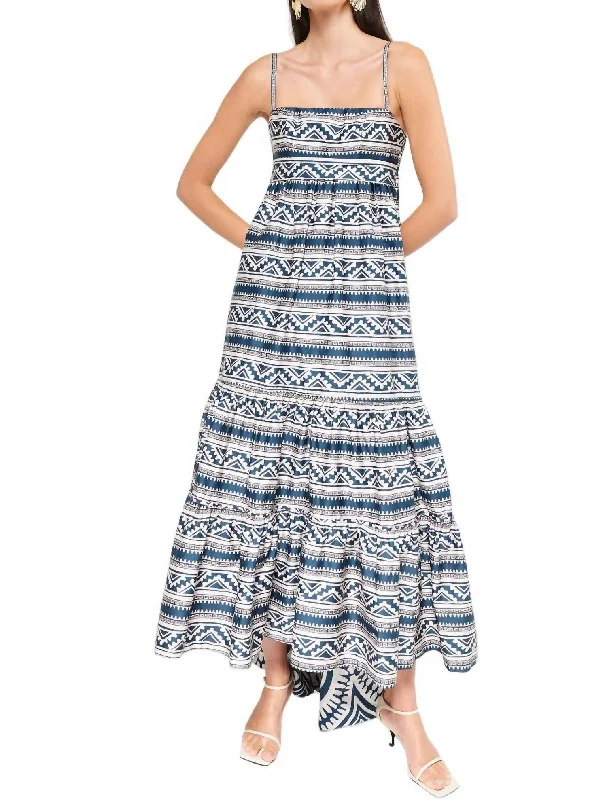 Women's Effortless Casual Outfit Romantic Date - Night Ensemble Balsa Midi Dress In Blue Tribal Border