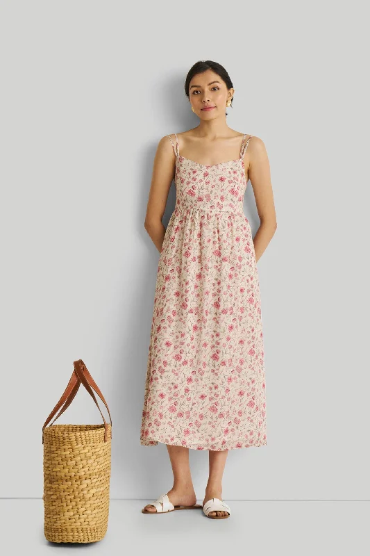 Women's Chic Outerwear Attire Fashion-Forward Style Strappy Gathered Midi Dress in Pink Florals