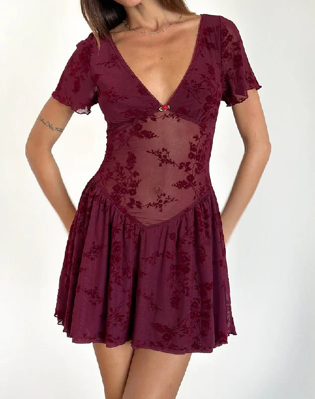 Women's Professional Garments Graceful Movement Geni Mini Dress in Botanical Flower Maroon