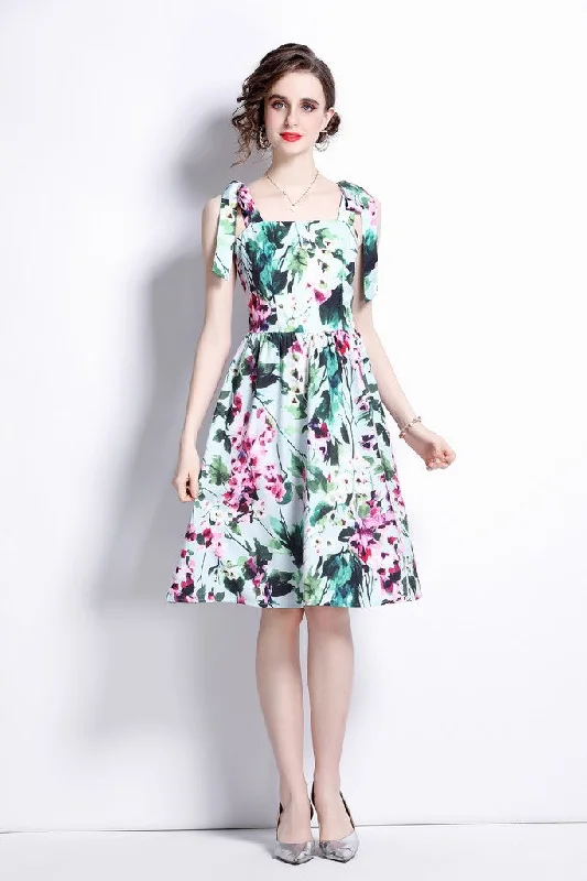 Comfortable Women's Attire Vibrant Prints Green Day A-line Off The Shoulder Strap Knee Floral Dress