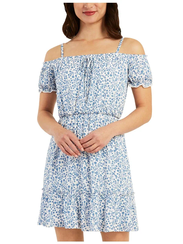 Women's Holiday Attire Effortless Comfort Juniors Womens Floral Off-The-Shoulder Fit & Flare Dress