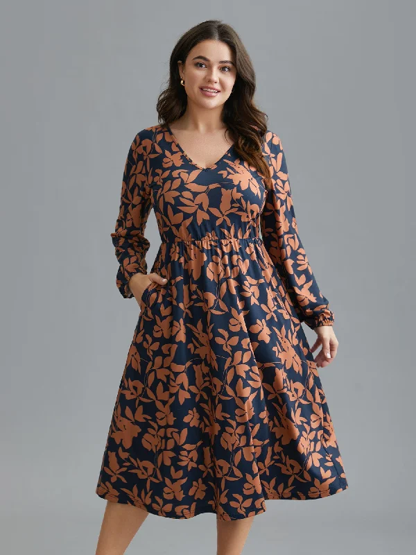 Chic Women's Outfit Update with Cottagecore Styles Autumn Leaves Print Fit-and-Flare Midi Dress