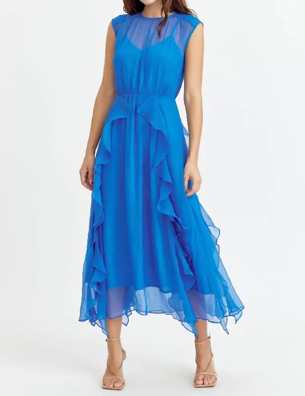 Women's Comfortable Clothes For Weekends Lighten Up with Nordic Styles Rosalie Cascading Ruffled Midi Dress In Sea Blue