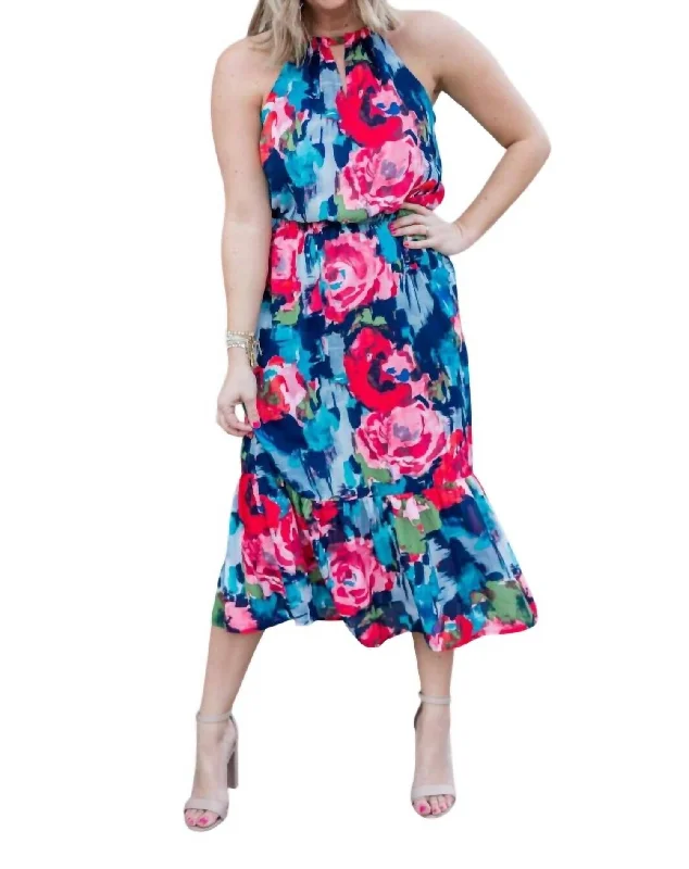 Women's Apparel Summer Splash Sale Midi Angela Floral Print Halter Dress In Multicolor