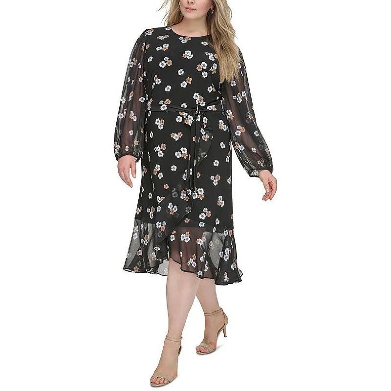 Women's Athleisure Apparel Fashion-Forward Style Plus Womens Floral Print Ruffled Hem Sheath Dress