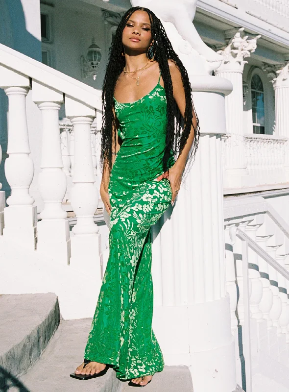 Women's Fashion Clothes Romantic Detailing Burn Out Velvet Maxi Dress Green