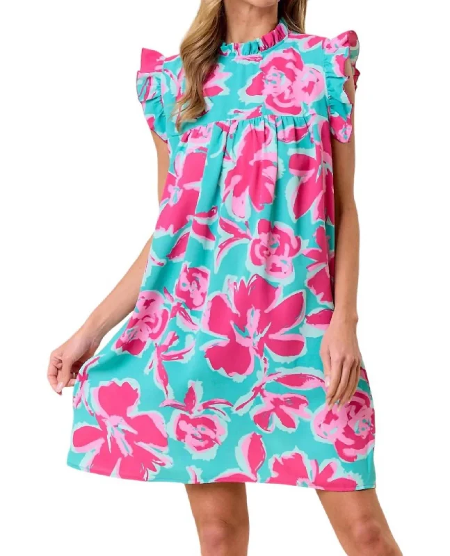 Women's Plus-Size Casual Outfit Flash Deals Let's Dance Together Floral Dress In Turquoise