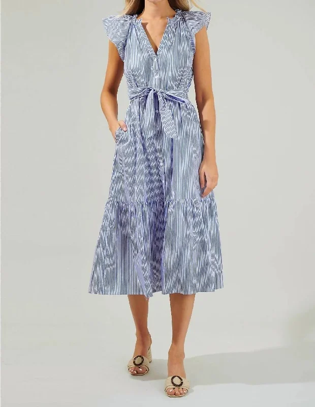 Vintage-Inspired Garments Chic Allure Dynamite Striped Button Midi Dress In Blue/white Stripe