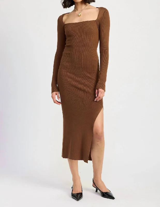 Women's Evening Garments Feminine Grace Square Neck Midi Dress In Chocolate