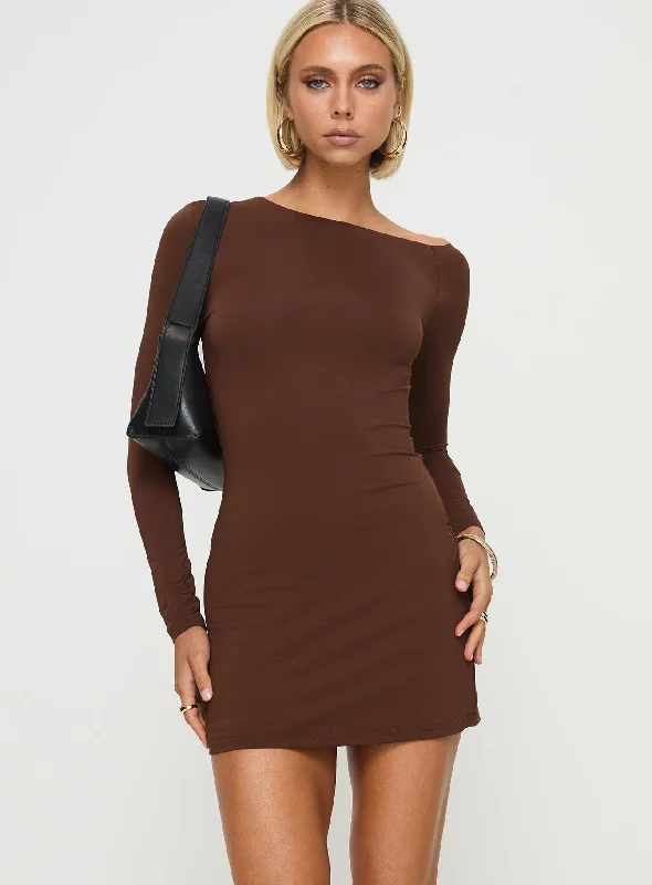 Women's Clothes For Work Hollywood Glam Award - Show Style Kataline Long Sleeve Mini Dress Chocolate