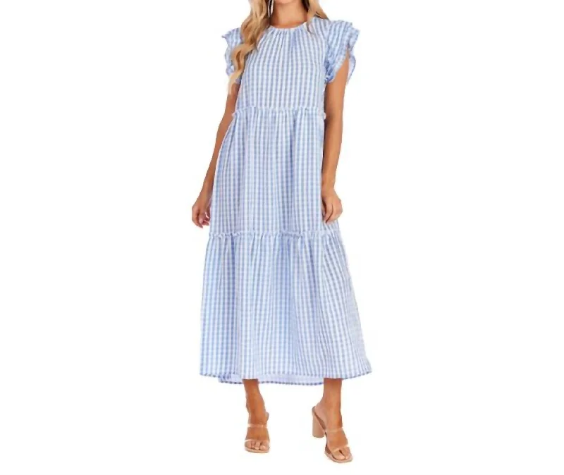 Women's Fashion-Forward Apparel Flowy Fabric Bardot Maxi Dress In Blue Gingham