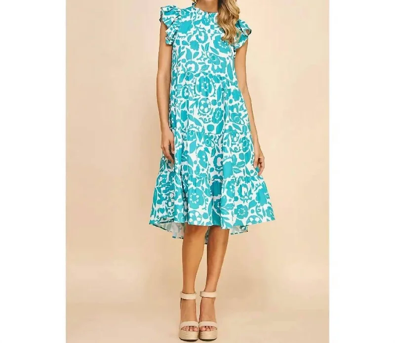 Women's Transitional Attire Minimalist Office - Ready Style Print Tiered Knee Length Dress In Teal Floral