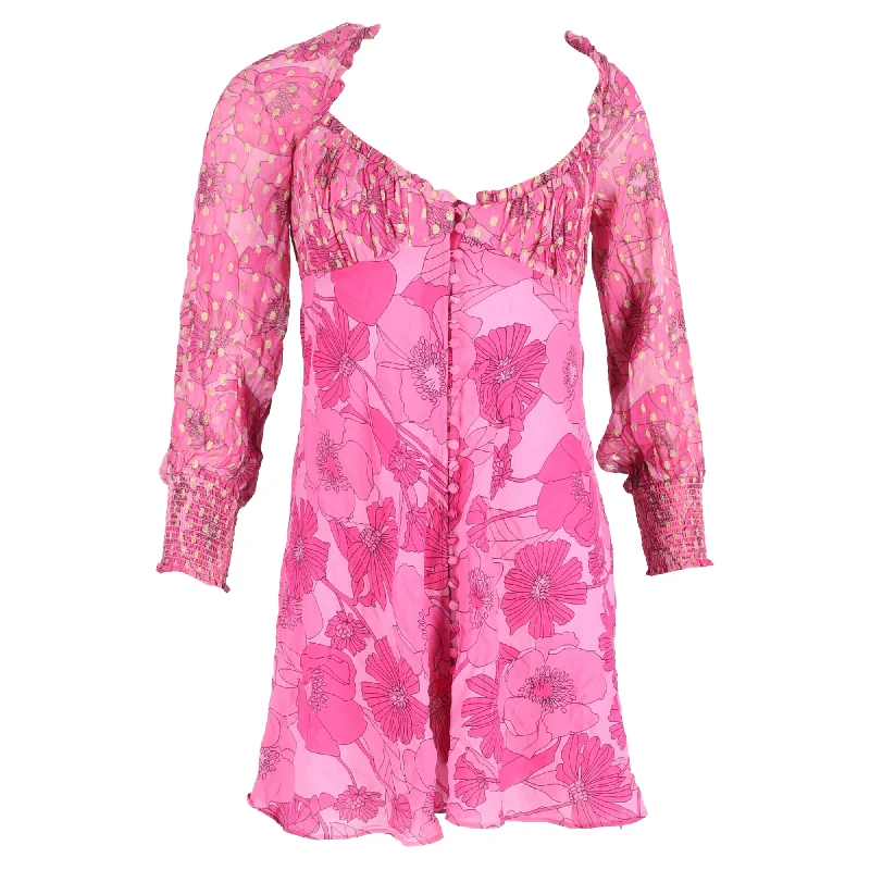 Women's Sports Apparel Feminine Charm Rixo Fara Floral Print Mini Long Sleeve Dress in Pink Viscose