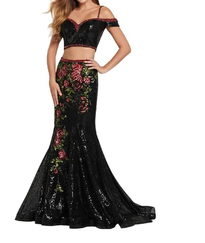 Casual Apparel For Women Beat the Heat in Tropical Styles 2 Piece Embellished Sequin Floral Prom Dress In Black/multi