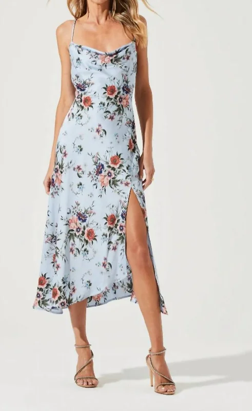 Stylish Outerwear Clothes For Women Limited - Edition Drops Gaia Cowl Neck Spaghetti Strap Dress In Blue Rust Floral