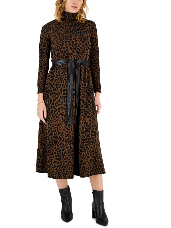 Chic Clothes For Women Tropical Island - Inspired Attire Petites Womens Turtleneck Animal Print Midi Dress