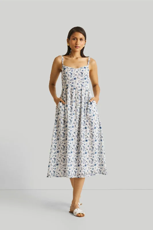 Women's Transitional Attire Romantic Date - Night Ensemble Strappy Gathered Blue Floral Midi Dress