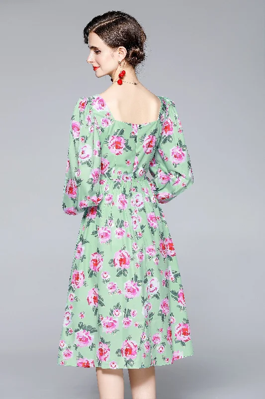 Women's Comfy Attire For Lounging Effortless Sophistication Green & Floral print Day A-line Sweetheart Neck Bishop Long Sleeve Below Knee Dress