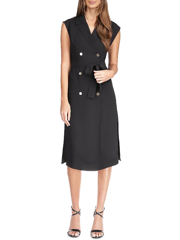 Women's Clothes And Garments Flowy Fabric Womens Double-Breasted Belted Midi Dress