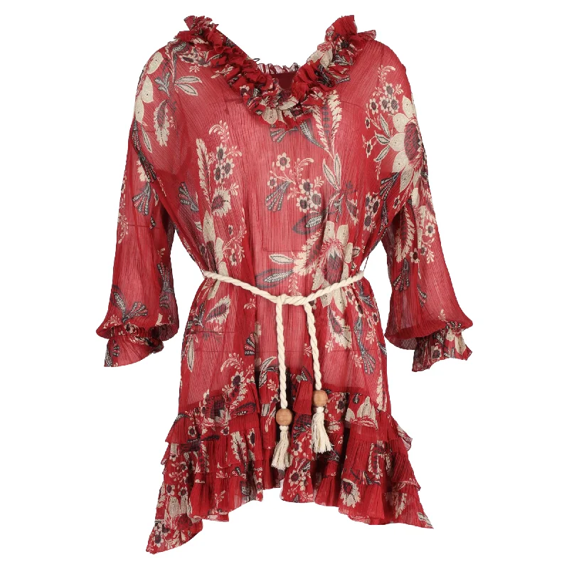 Women's Luxury Apparel Vibrant Prints Zimmermann Floral Print Mini Ruffled Dress in Red Polyester