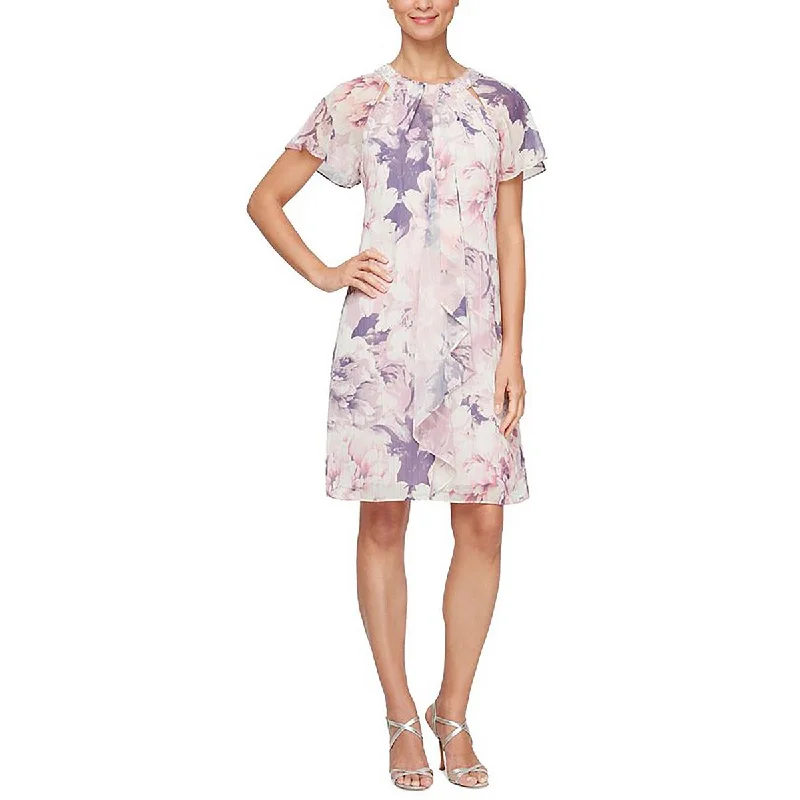 Women's Occasion Wear Apparel Chic Allure Womens Floral Print Embellished Neckline Mini Dress