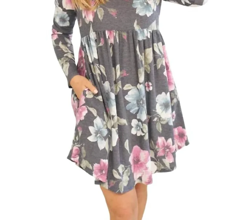 Women's Professional Apparel Vintage Elegance Floral Babydoll Dress In Charcoal