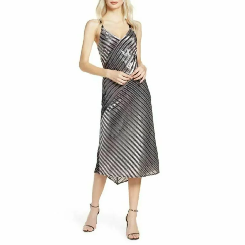 Women's Seasonal Garments Alluring Design Metallic Stripes V Neck Cocktail Slip Midi Dress In Gray