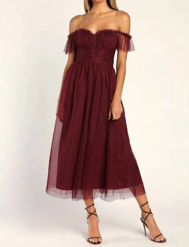 Women's Apparel And Garments Rustic Countryside Charm Look Regal Radiance Tulle Bustier Midi Dress In Burgundy