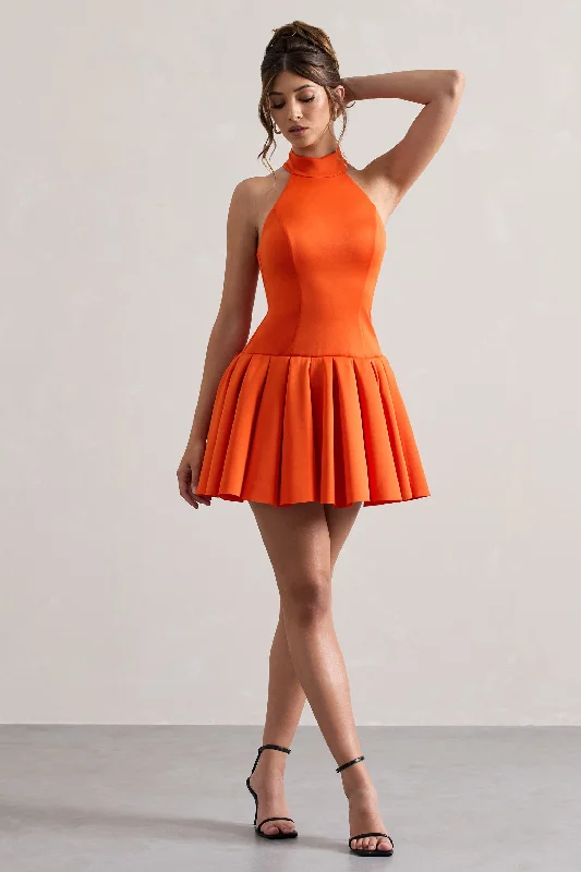 Women's Clothes And Apparel Sets Feminine Grace Masterpiece | Orange High-Neck Mini Dress With Volume Hem