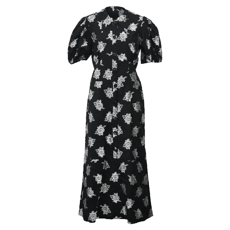 Women's Travel Garments Feminine Soft - Hued Look Erdem Antonetta Gathered Metallic Twill Midi Dress in Black Cotton